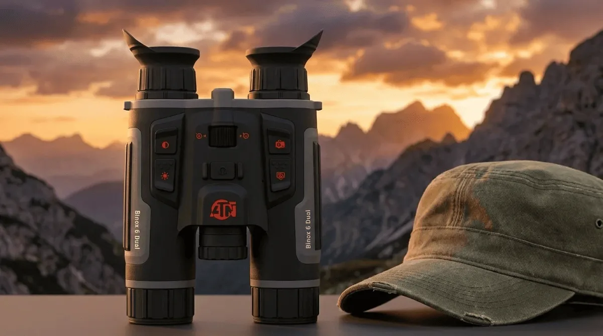 BinoX 6 Dual termisk kikkert foran et bjerglandskab ved solnedgang