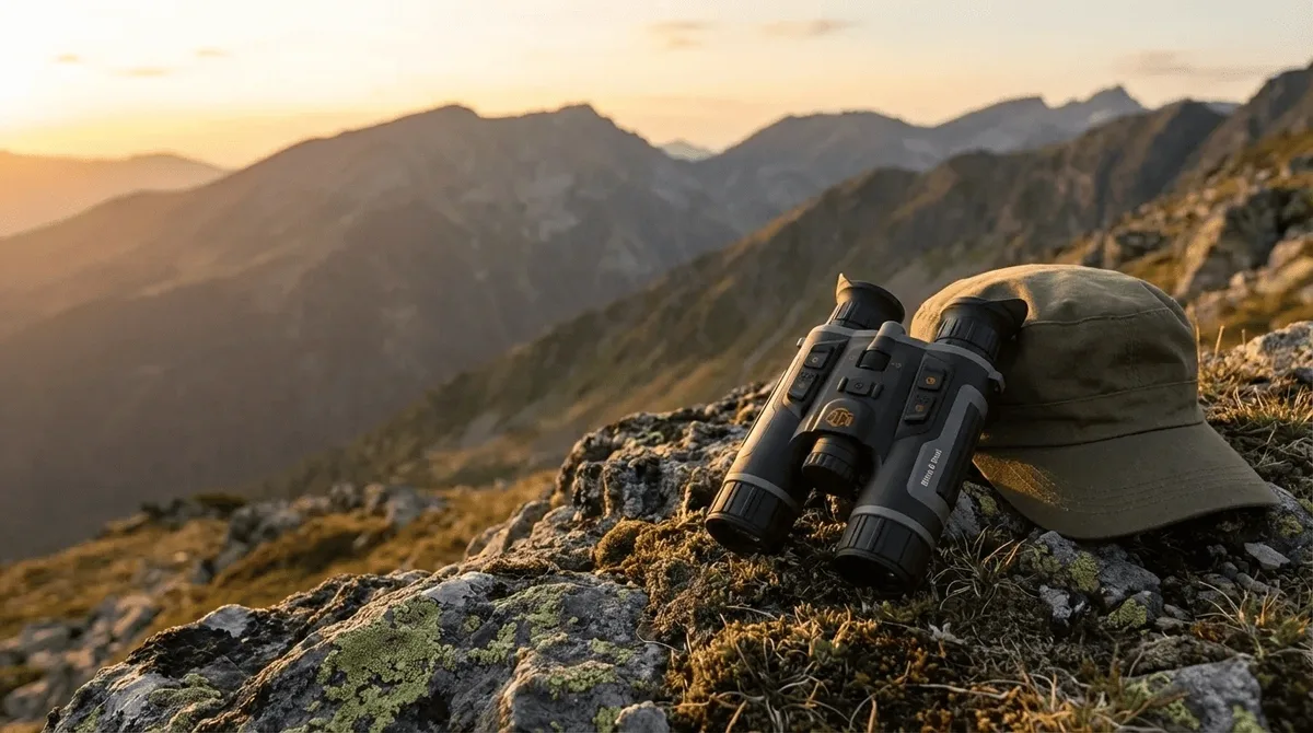 BinoX 6 Dual termisk kikkert på en klippe med bjerge i baggrunden