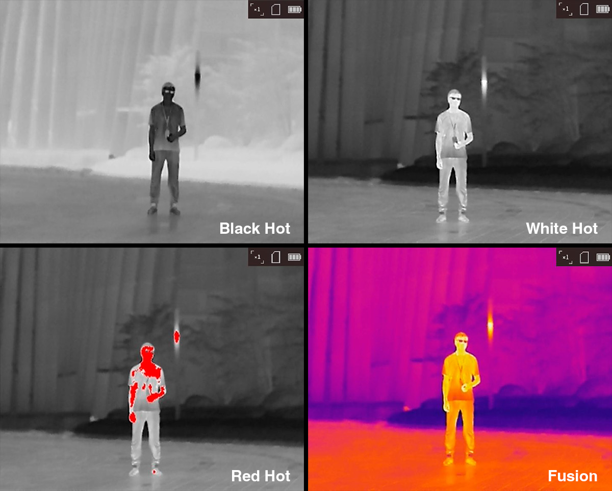 Sammenligning af termiske paletter: Black Hot, White Hot, Red Hot og Fusion